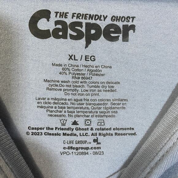 Casper The Friendly Ghost Light Blue Graphic T-Shirt Cotton Polyester Sz XL - Picture 3 of 5